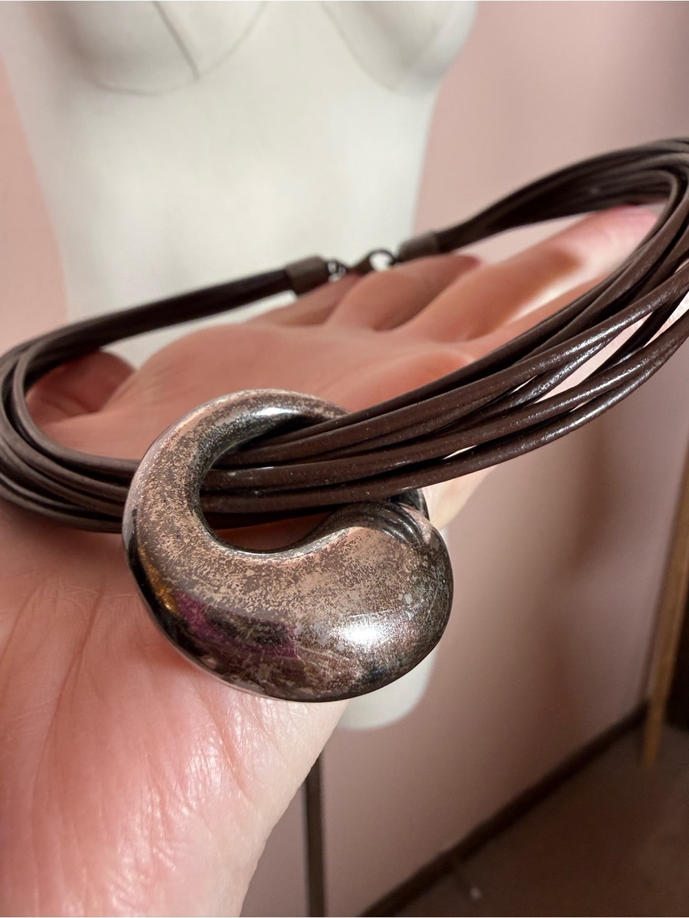 Vintage Sterling silver abstract minimalist Modernist Oversized Leather necklace